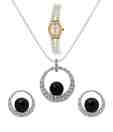 Oleva Rhodium Plated Pendant Set With Double Pearl String Watch