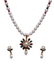 Vision Green & Maroon AD Floral Design Pearl Necklace Set