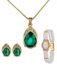 Oleva AD & Faceted Green Crystal Ornate Pendent Set & Pearl Watch Combo