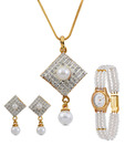 Oleva AD & Pearl Square Pendent Set & Pearl Watch Combo