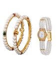 Oleva Pair of Pretty Pearl Bangles & Pearl Watch Combo