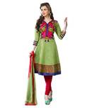 Fabdeal Green-Red Cotton Embroidered Unstitched Suit With Dupatta