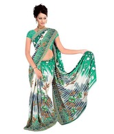 Khazana Green-White Georgette Saree With Unstitched Blouse