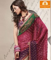 MohManthan Cream-Red Net Saree With Unstitched Blouse.