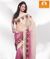 MohManthan Cream-Red Fabulous Net Saree With Semi-Stitched Blouse