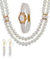 Oleva Elegant Pearl Necklace Set & Pearl Watch Combo