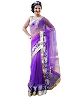 Designersareez Net Purple Embroidered Saree