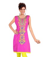 Khazana Pink-Yellow Cotton Kurti