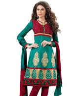 Fabdeal Sea Green-Red Embroidered Unstitched Suit With Dupatta
