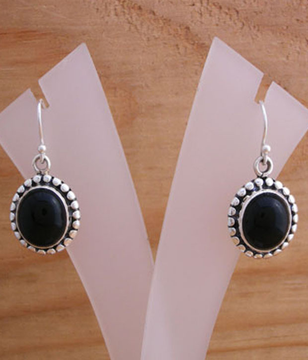 Designer Silver Black Onyx Adorned Silver Earrings