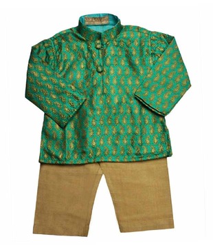 Raja Sahab Green & Brown Kurta Pajama For Kids