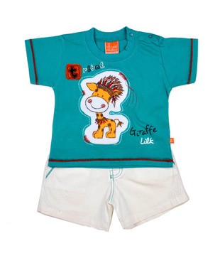 Little Kangaroos Aqua Blue T-Shirt & White Shorts For Kids