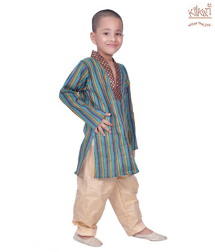 Kilkari Green-Beige Striped Kurta Salwar For Kids For Kids