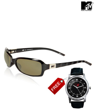 MTV Stylised Black Sunglasses With Free MTV Black Watch Worth Rs 2999