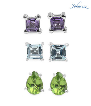 Johareez Peridot, Amethyst & Topaz Silver Earrings Combo